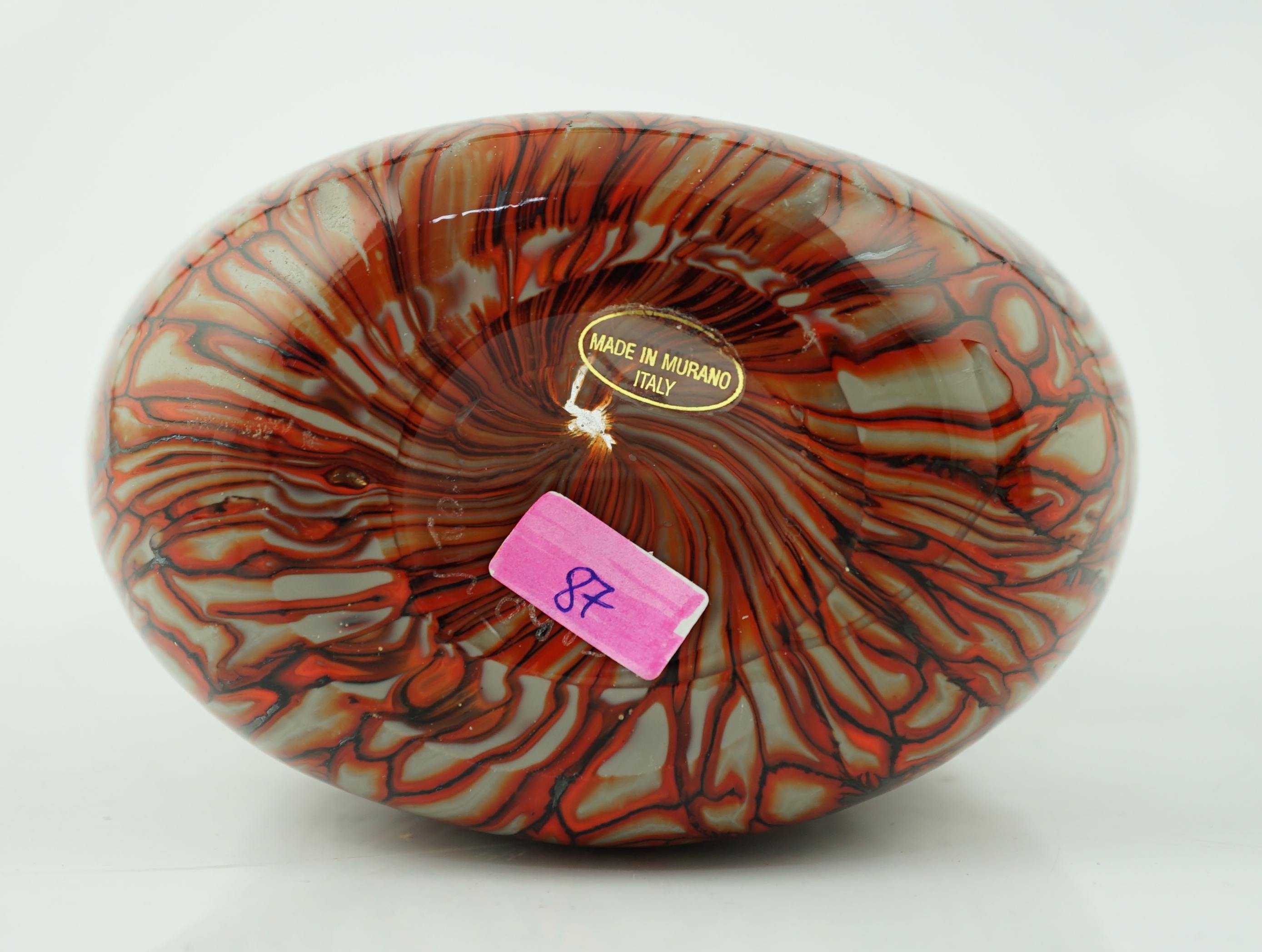 Vittorio Ferro (1932-2012 A Murano glass Murrine vase, cup shaped decorated with red and white stylised flowers, on a black ground, signed, 28.5cm, Please note this lot attracts an additional import tax of 20% on the ham